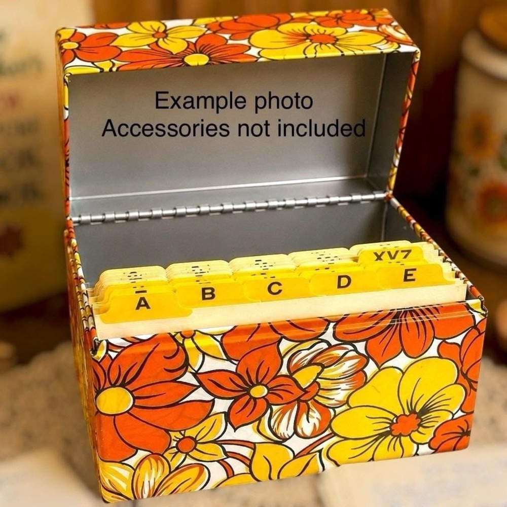 Vintage 70s MCM Metal Recipe Box Holder w Recipe Tabs Flower Power 6.6"x6"x4.75"